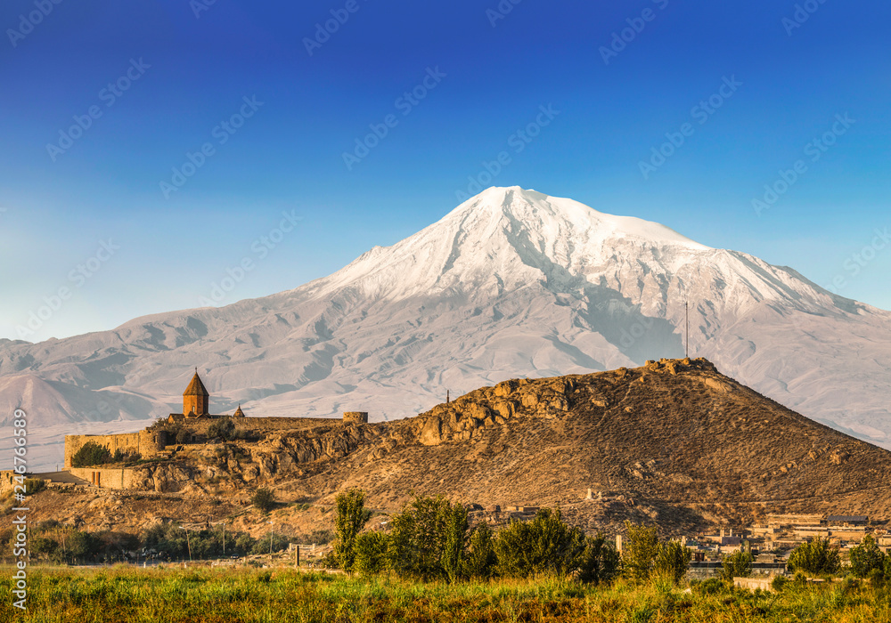 View of mount Ararat and the monastery of Khor Virap from Armenia