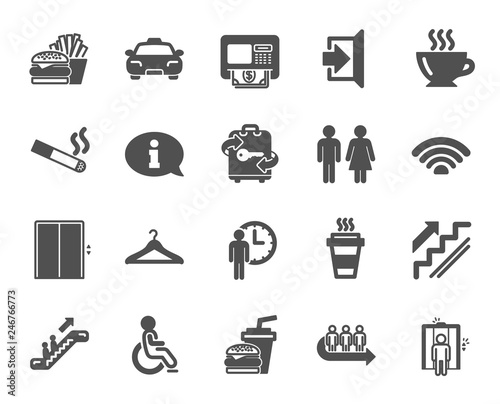 Public Services, Wifi icons. Elevator, Cloakroom and Taxi icons. Exit, ATM and Escalator. Wifi, Lift or elevator, Restaurant food. Public cloakroom, information, coffee and smoking. Vector