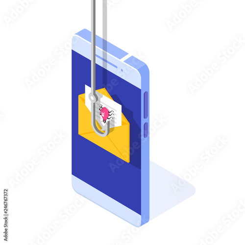Data phishing isometric, hacking online scam on smartphone concept. Fishing by email. Cyber thief. Vector illustration.