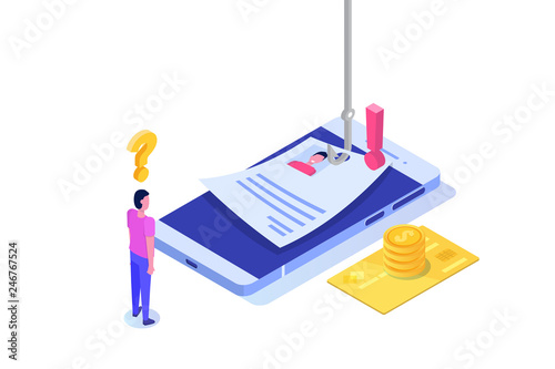 Data phishing isometric, hacking online scam on smartphone concept. Fishing by email. Cyber thief. Vector illustration.