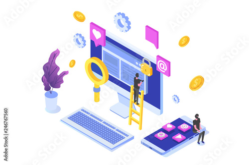 Data phishing isometric, hacking online scam on desktop concept. Fishing by email. Cyber thief. Vector illustration.