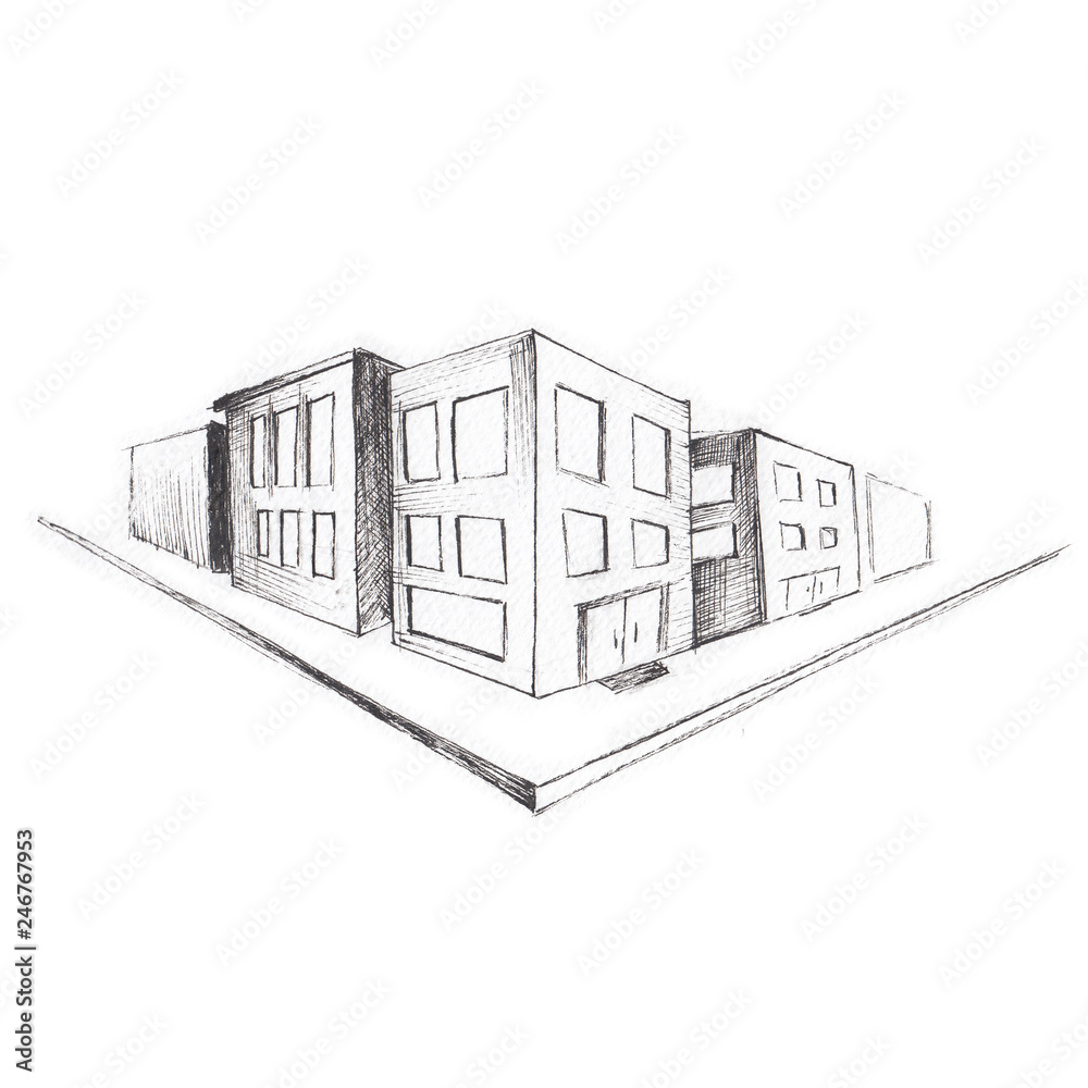 City sketch street corner, intersection, drawn by hand, isolated on white background