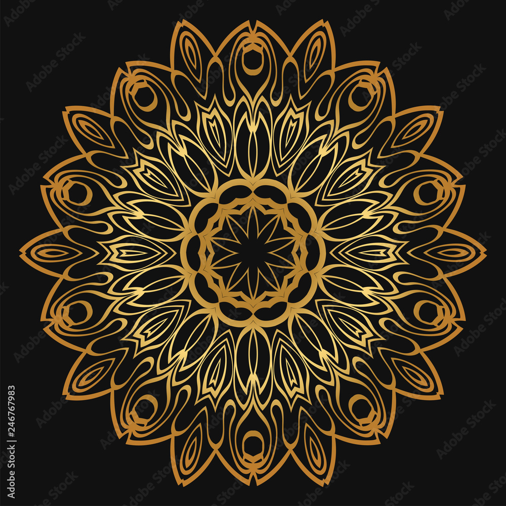 Luxury golden color Hand-Drawn Henna Ethnic Mandala. Circle lace ornament. Vector illustration. for coloring book, greeting card, invitation, tattoo. Anti-stress therapy pattern. Luxury golden color Hand-Drawn Henna Ethnic Mandala. Circle lace ornament. Vector illustration. for coloring book, greeting card, invitation, tattoo. Anti-stress therapy pattern.