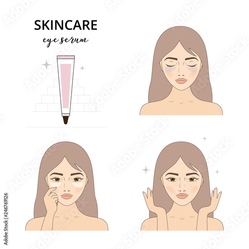 Beautiful woman take care about her face. Illustrated steps how to apply eye serum, dark circles under eyes. Isolated lined illustrations set.