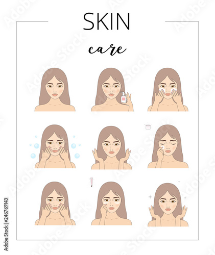 Beautiful woman take care about her face. Illustrated steps how to take care of skin, daily care. Isolated lined illustrations set.