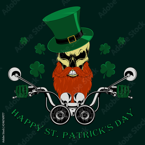 Vector image of a skull with a beard and mustache driving a motorcycle. Congratulations on the day of St. Patrick.