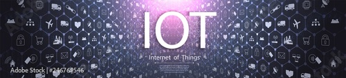 Internet of things (IoT) and networking concept for connected devices. Spider web of network connections with on a futuristic blue background EPS10