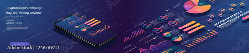 Online statistics and data Analytics.Digital money market, investment, finance and trading. Perfect for web design, banner and presentation. Isometric vector illustration.