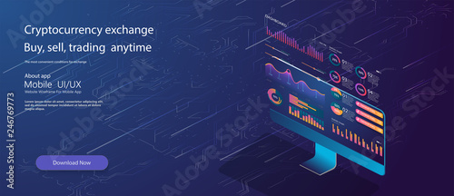 Online statistics and data Analytics.Digital money market, investment, finance and trading. Perfect for web design, banner and presentation. Isometric vector 