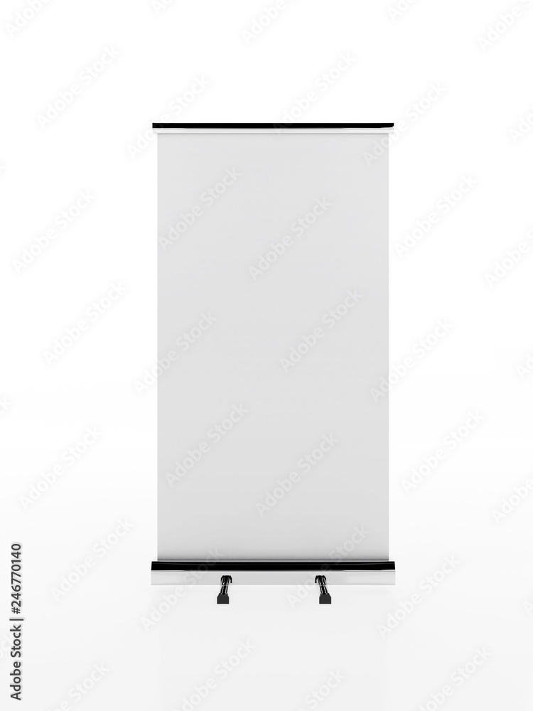 Outdoor Advertising Stand Banner (empty roll-up poster) - mockup template isolated on white background. 3D rendering Outdoor Advertising Stand Banner (empty roll-up poster) - mockup template isolated on white background. 3D rendering