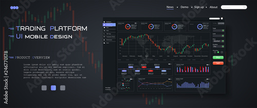 Market trade. Binary option. Trading platform, account. Press BUY and SELL transaction. Money Making. Web Site Screen template. Forex market, news and analysis. Vector