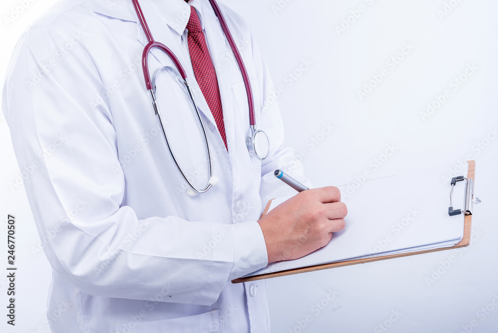 Doctor doctor checking out some reports on white background Doctor doctor checking out some reports on white background