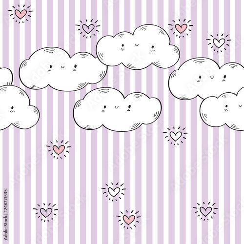 Seamless pattern with funny clouds and hearts for kids textiles, wallpapers, gift wraps and scrapbook. Background with colored stripes. Vector.