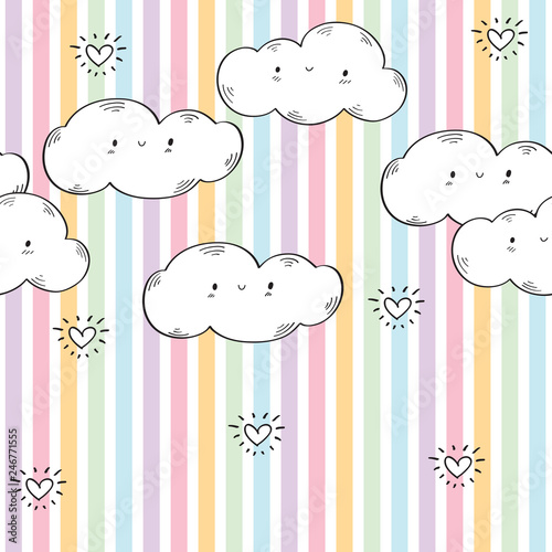 Seamless pattern with funny clouds and hearts for kids textiles, wallpapers, gift wraps and scrapbook. Background with colored stripes. Vector.