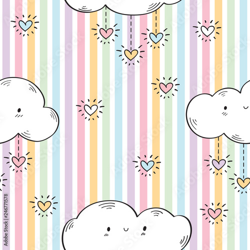 Seamless pattern with funny clouds and hearts for kids textiles, wallpapers, gift wraps and scrapbook. Background with colored stripes. Vector.