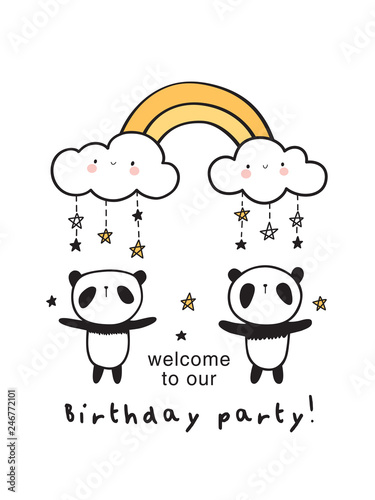 Fototapeta Naklejka Na Ścianę i Meble -  Cute pandas with gold rainbow and happy clouds. Invitation to a children's party. Vector Illustration.