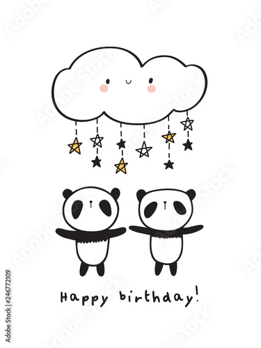 Fototapeta Naklejka Na Ścianę i Meble -  Cute pandas with  happy clouds and stars. Greeting birthday card. Vector Illustration.