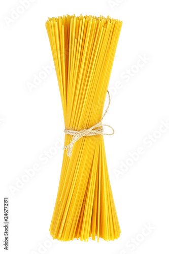 Bunch of spaghetti tied with rope on white background