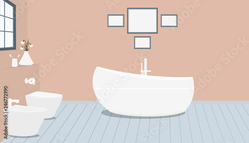 Provencal style bathroom with fashionable bath,toilet, bidet, toilet paper,vase with snowdrops,a window,paintings on terracotta wall.Wooden planks on floor.Vector illustration