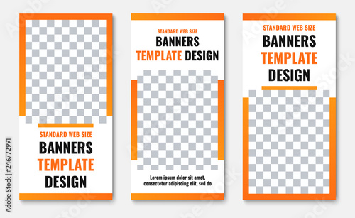 Design of vertical vector white banners with photo frame and orange stroke.