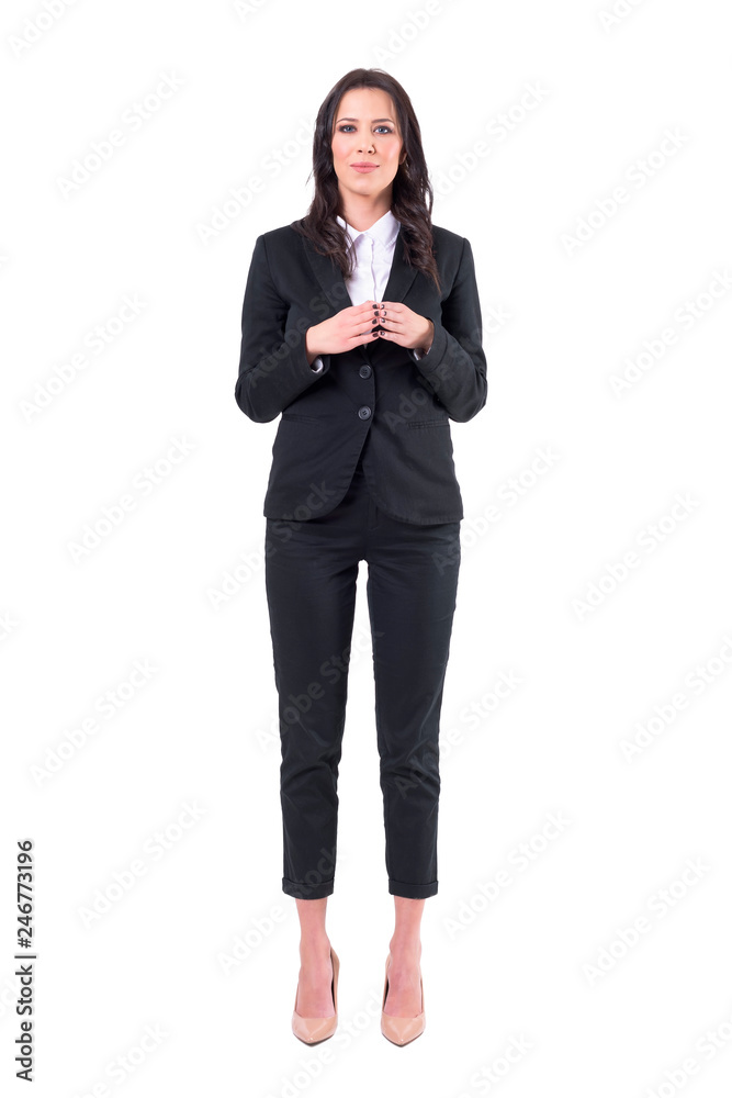 Pretty businesswoman analyzing and negotiating with steeple hands gesture. Full body isolated on white background. Pretty businesswoman analyzing and negotiating with steeple hands gesture. Full body isolated on white background.