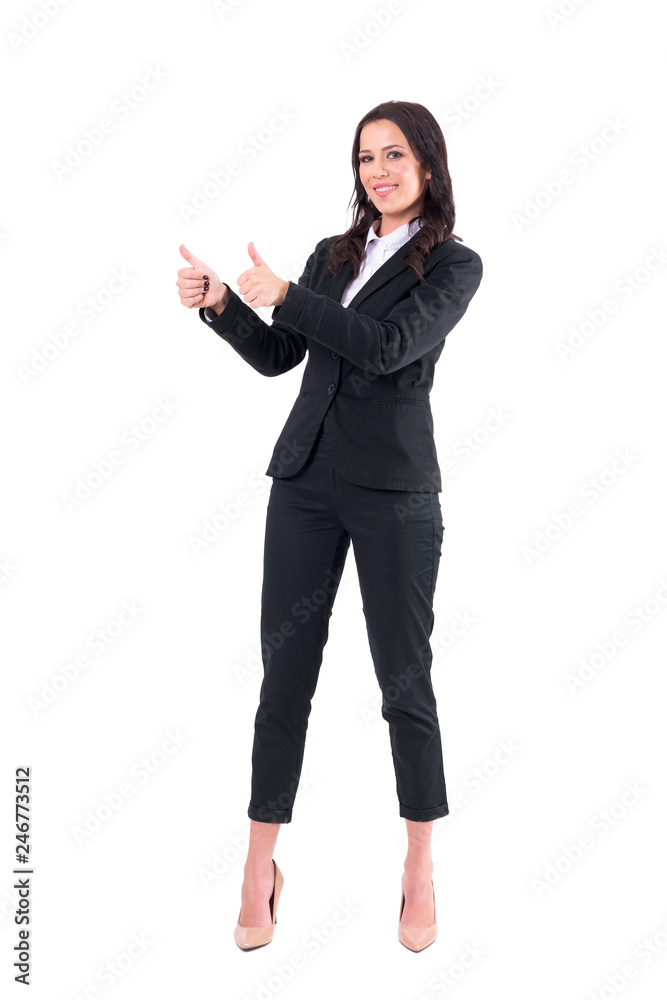 Happy smiling elegant pretty business woman showing thumbs up with both hands and looking at camera. Full body isolated on white background. Happy smiling elegant pretty business woman showing thumbs up with both hands and looking at camera. Full body isolated on white background.