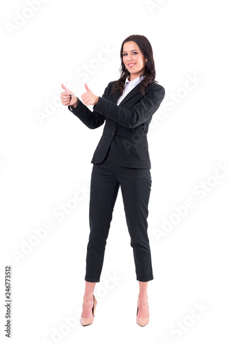 Happy smiling elegant pretty business woman showing thumbs up with both hands and looking at camera. Full body isolated on white background. 