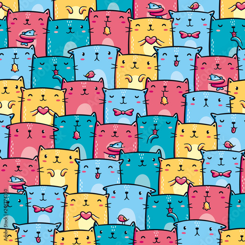 Cute colorful cats seamless pattern. Kawaii characters, hand drawn style. Design for print (apparel, wrapping paper, background, poster)