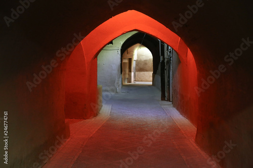 Narrow old persian streets with red and blue color light in an old part of town in Yazd  Iran