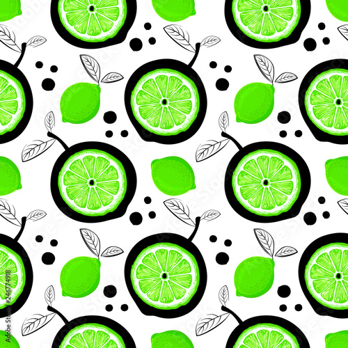Lime seamless pattern. Sketch limes. Citrus fruit background. Elements for menu, greeting cards, wrapping paper, cosmetics packaging, posters etc
