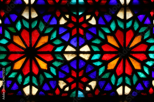 Beautiful colorful stained glass window in Yazd, Iran