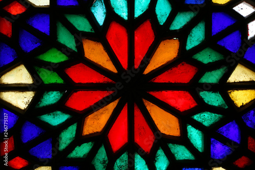 Beautiful colorful stained glass window in Yazd, Iran
