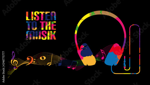 Headphone Silhouette With Music Notes - Listen To The Music - Colorful Vector Illustration - Isolated On Black Background