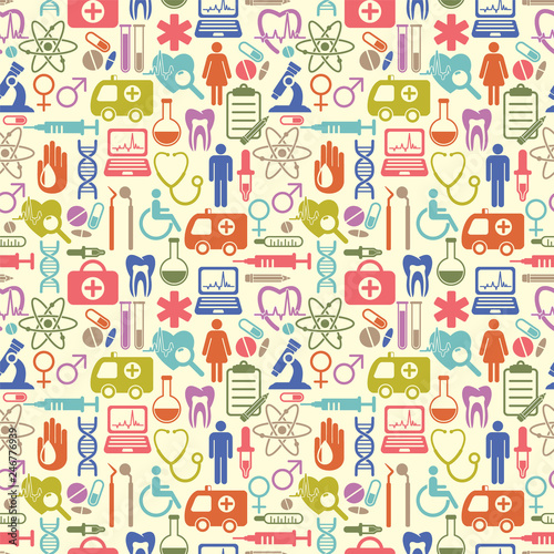 Vector seamless medicine and health design pattern with modern flat icons. Medical background with flat style symbols.