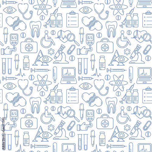 Vector medicine and health design seamless pattern with modern linear icons. Medical background with line style symbols.