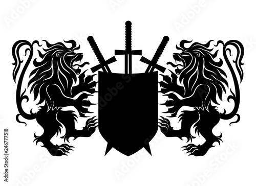 Two black lions with shield and swords on white background.