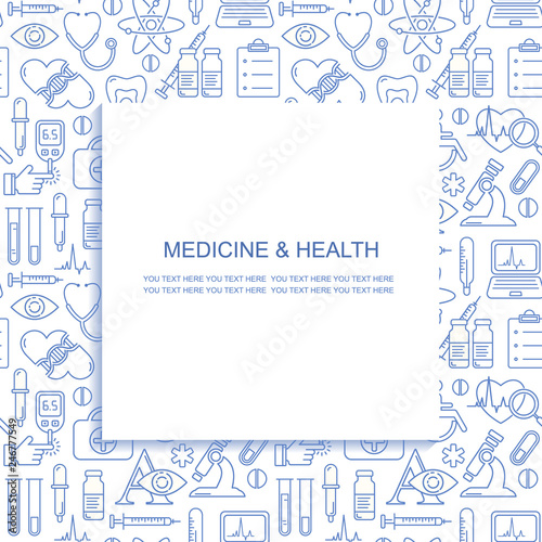 Vector medicine and health design seamless pattern with modern linear icons. Medical background with line style symbols.