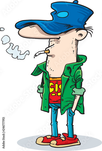 Young man character smoking cigarette