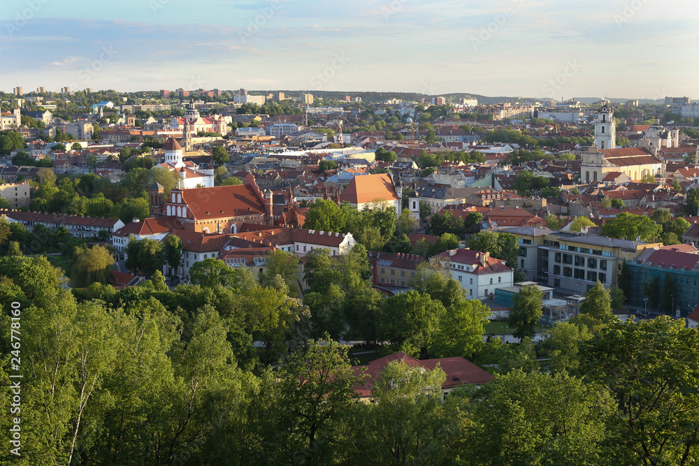 Beautiful summer cityscape panorama of Vilnius old town, taken from the Gediminas hill