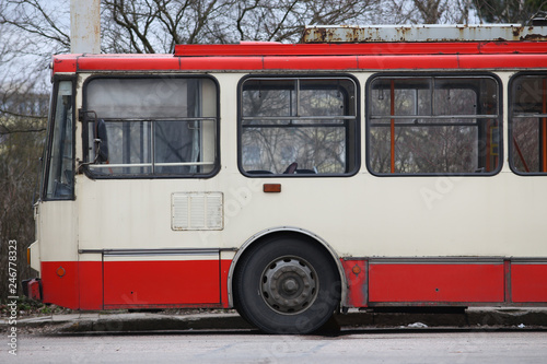 Red electric trolleybus in Vilnius Lithuania