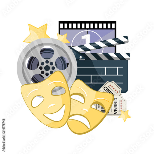 Movie time vector illustration. Cinema poster concept on red round background. Composition with popcorn, clapperboard, 3d glasses and filmstrip. Cinema banner design for movie theater.