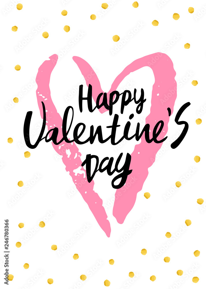 Lettering Valentines Day on pink watercolor heart background.