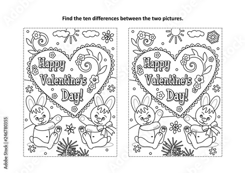 Valentine's Day find the ten differences picture puzzle and coloring page with Happy Valentine's Day greeting text and two cute little bunnies 