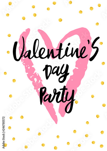 Lettering Valentines Day Party on pink watercolor heart background.