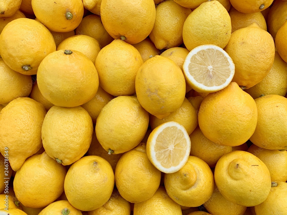 Set of whole lemons and items in a market stall Set of whole lemons and items in a market stall