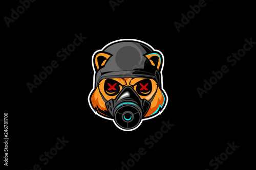 bear cartoon head with gas mask and soldier helmet vector © infernal  kiss