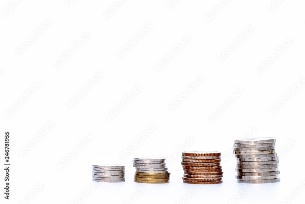 Coin stacks on white background.Saving, Investment money concept.Coin stack growing business and future. Coin stacks on white background.Saving, Investment money concept.Coin stack growing business and future.