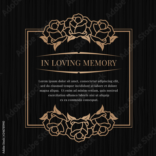 In loving memory banner with brown bronze rose frame on black texture background vector design