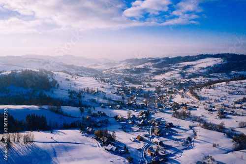 Winter scenery in Silesian Beskids mountains. View from above. Landscape photo captured with drone. Poland, Europe. photo