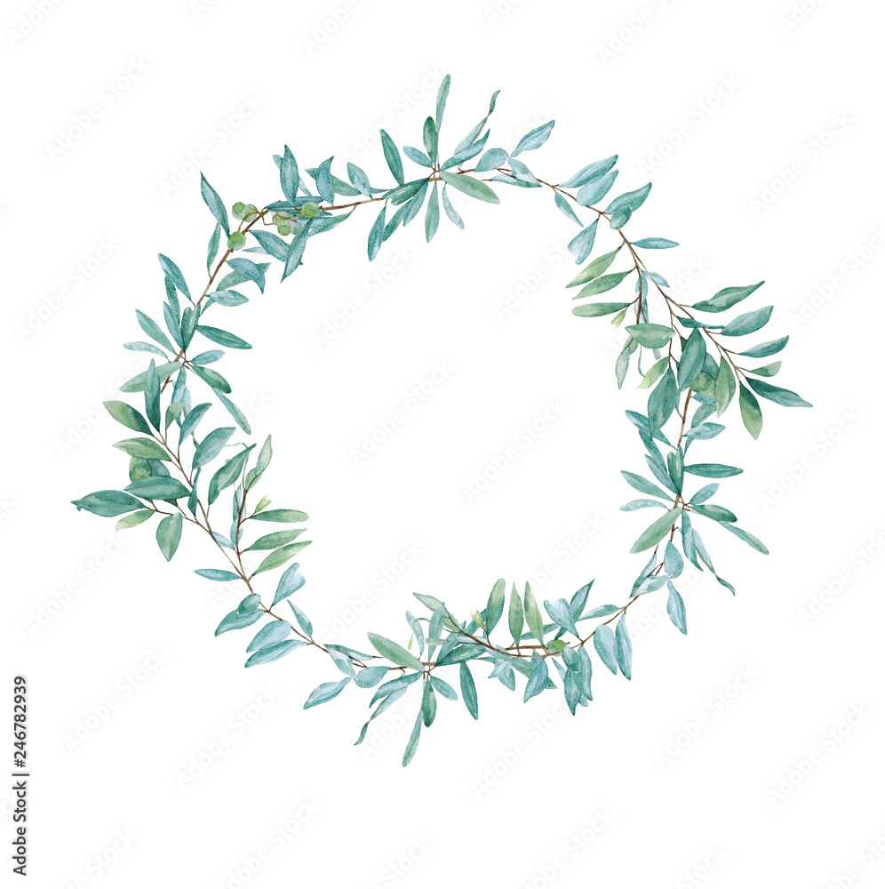 Naklejka premium Hand-painted watercolor set. Poster with green leaves